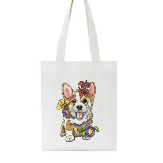 Cute Printed Bag Flower Corgi  Canvas Bag