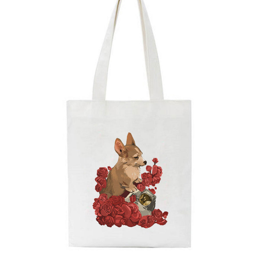 Cute Printed Bag Rose Corgi Canvas Bag